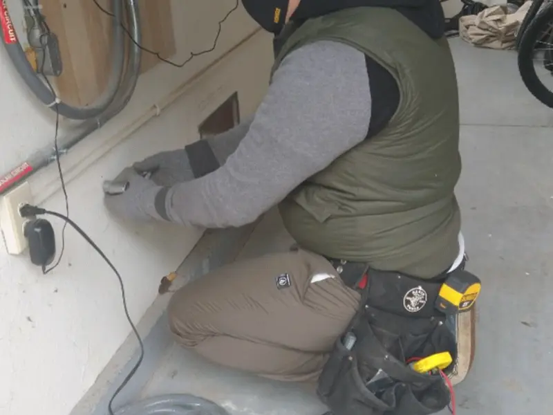 Electrician performing outlet wiring in a San Pablo garage